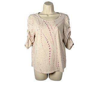 Democracy Top Womens Small Heather Tan Purple Abstract Print Ruched Sleeve